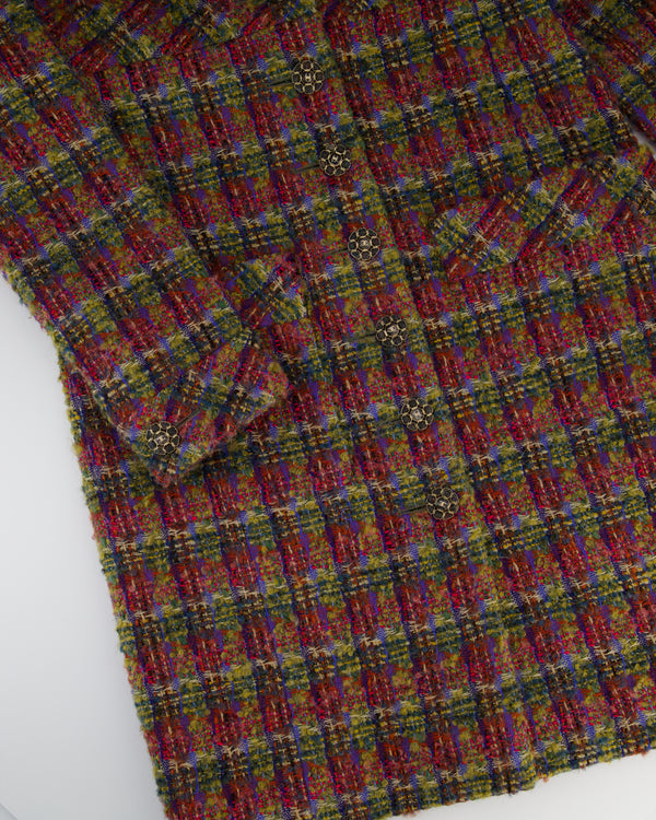 Chanel Green, Blue, Pink Tweed Check Long Coat with Button CC Detailing FR 34 (UK 6)