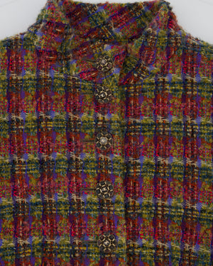 Chanel Green, Blue, Pink Tweed Check Long Coat with Button CC Detailing FR 34 (UK 6)