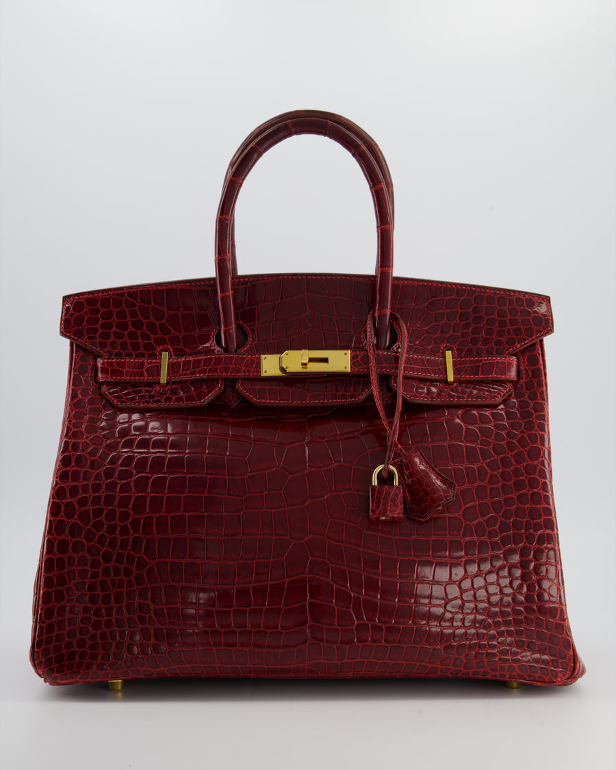 *SUPER RARE* Hermès Birkin 35 Retourne Bag in Bordeaux Crocodile Shiny Porosus Leather with Gold Hardware