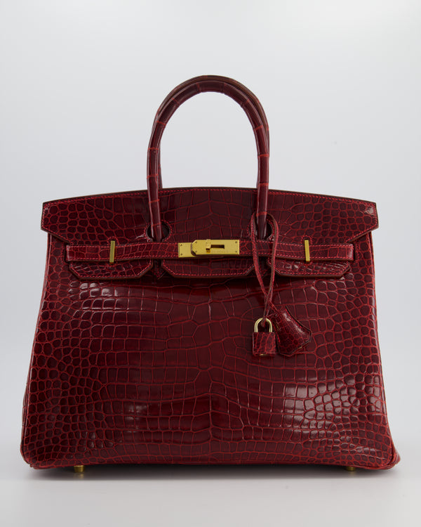 *SUPER RARE* Hermès Birkin 35 Retourne Bag in Bordeaux Crocodile Shiny Porosus Leather with Gold Hardware