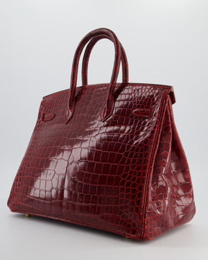 *SUPER RARE* Hermès Birkin 35 Retourne Bag in Bordeaux Crocodile Shiny Porosus Leather with Gold Hardware