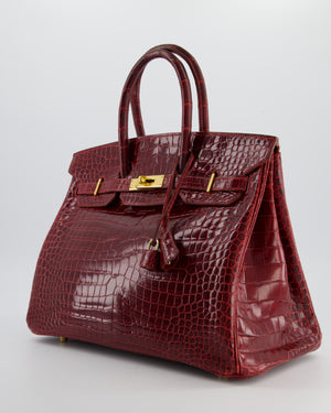 *SUPER RARE* Hermès Birkin 35 Retourne Bag in Bordeaux Crocodile Shiny Porosus Leather with Gold Hardware