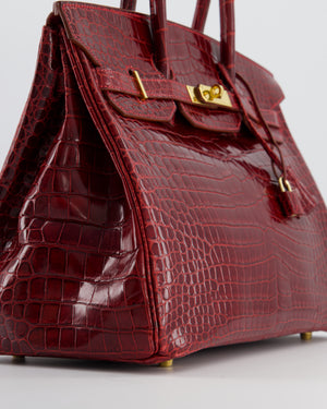 *SUPER RARE* Hermès Birkin 35 Retourne Bag in Bordeaux Crocodile Shiny Porosus Leather with Gold Hardware