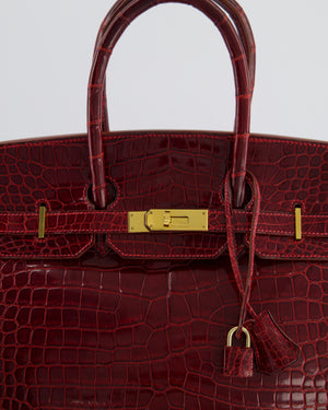 *SUPER RARE* Hermès Birkin 35 Retourne Bag in Bordeaux Crocodile Shiny Porosus Leather with Gold Hardware