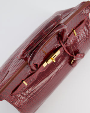 *SUPER RARE* Hermès Birkin 35 Retourne Bag in Bordeaux Crocodile Shiny Porosus Leather with Gold Hardware
