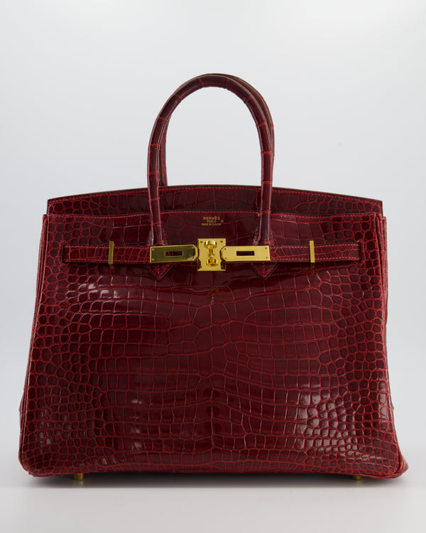 *SUPER RARE* Hermès Birkin 35 Retourne Bag in Bordeaux Crocodile Shiny Porosus Leather with Gold Hardware
