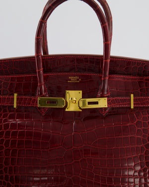 *SUPER RARE* Hermès Birkin 35 Retourne Bag in Bordeaux Crocodile Shiny Porosus Leather with Gold Hardware