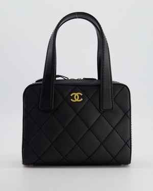 Chanel Black Quilted Wild Stitch Handbag with Top Handles in Matte Lambskin Leather with Gold Hardware