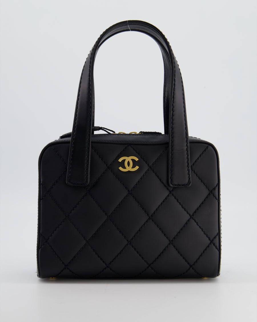 Chanel Black Quilted Wild Stitch Handbag with Top Handles in Matte Lambskin Leather with Gold Hardware