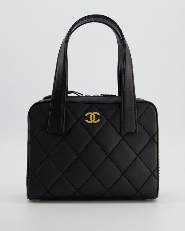 Chanel Black Quilted Wild Stitch Handbag with Top Handles in Matte Lambskin Leather with Gold Hardware