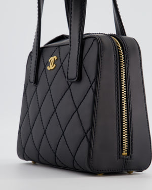 Chanel Black Quilted Wild Stitch Handbag with Top Handles in Matte Lambskin Leather with Gold Hardware