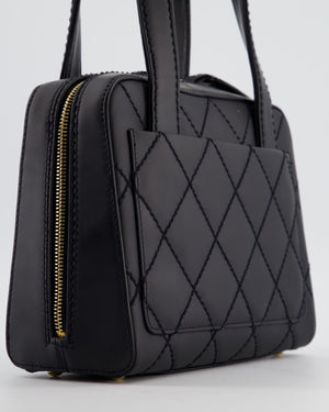 Chanel Black Quilted Wild Stitch Handbag with Top Handles in Matte Lambskin Leather with Gold Hardware