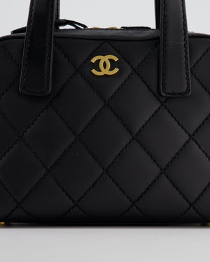 Chanel Black Quilted Wild Stitch Handbag with Top Handles in Matte Lambskin Leather with Gold Hardware