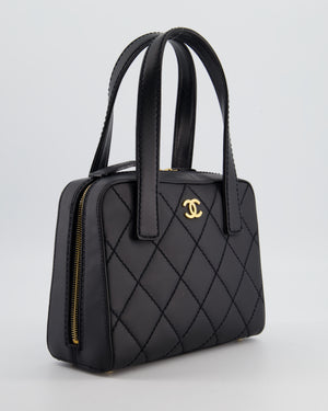 Chanel Black Quilted Wild Stitch Handbag with Top Handles in Matte Lambskin Leather with Gold Hardware