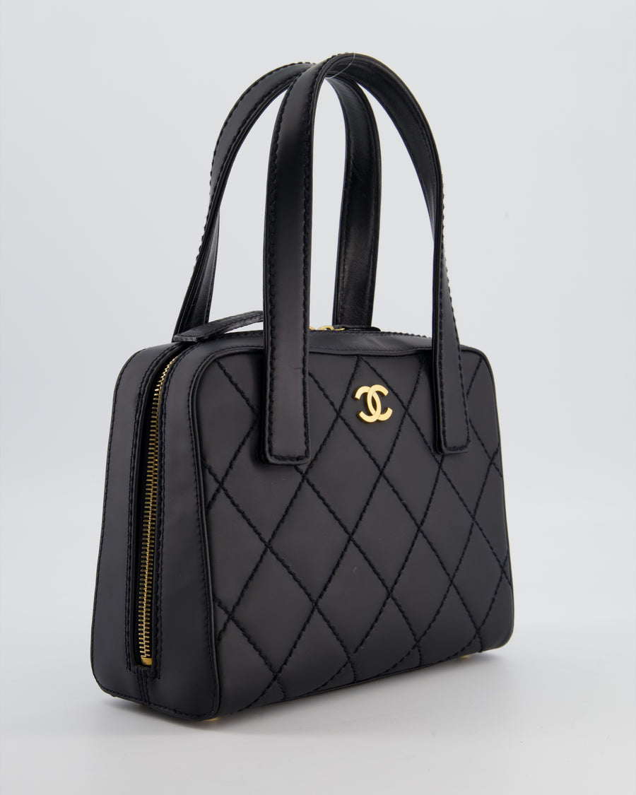Chanel Black Quilted Wild Stitch Handbag with Top Handles in Matte Lambskin Leather with Gold Hardware
