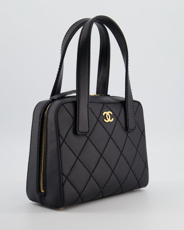 Chanel Black Quilted Wild Stitch Handbag with Top Handles in Matte Lambskin Leather with Gold Hardware