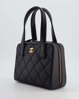 Chanel Black Quilted Wild Stitch Handbag with Top Handles in Matte Lambskin Leather with Gold Hardware