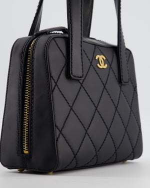 Chanel Black Quilted Wild Stitch Handbag with Top Handles in Matte Lambskin Leather with Gold Hardware