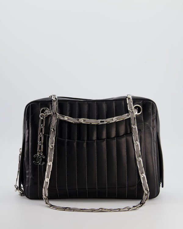 Chanel Black Mademoiselle Ligne Vertical Quilted Camera Bag in Lambskin Leather with Silver Hardware