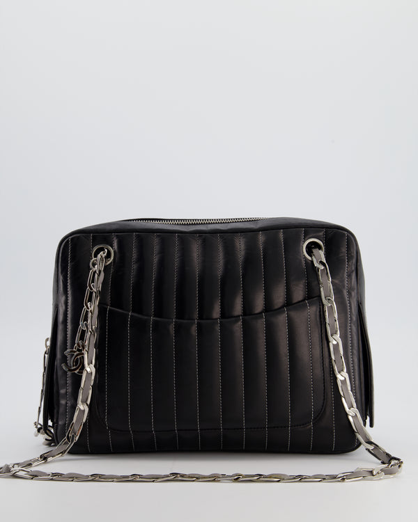 Chanel Black Mademoiselle Ligne Vertical Quilted Camera Bag in Lambskin Leather with Silver Hardware