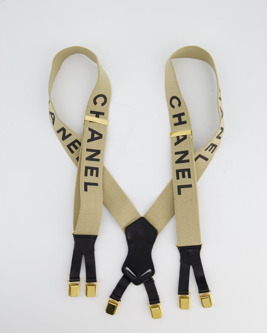 *RARE VINTAGE* Chanel 94/S Vintage Beige and Black Logo Suspender Braces