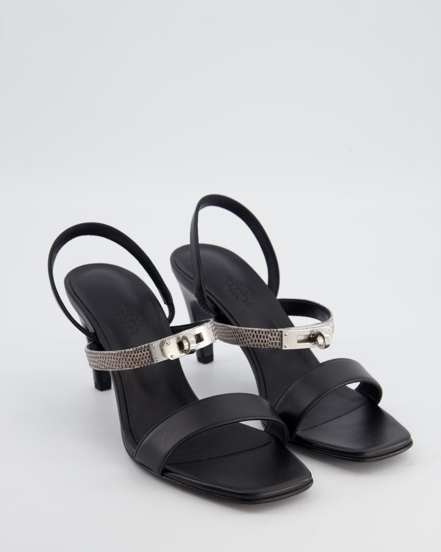 Hermès Black and Lizard Glamour 75 Heels with Palladium Kelly Buckle Size EU 38