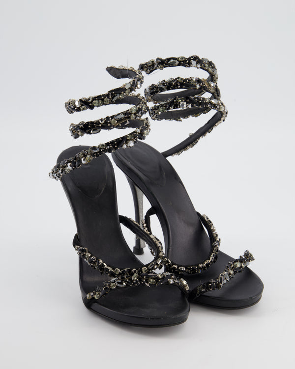 Rene Caovilla Black Cleo Heels with Embellished Ankle Strap Size EU 38