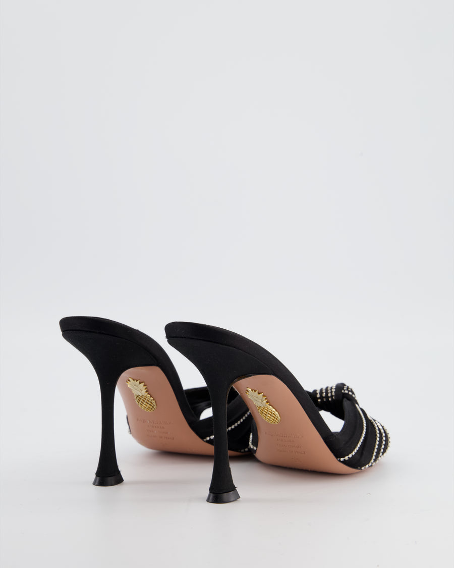 Aquazzura Black Satin Sandal Heels with Embellished Toe Detail Size EU 38