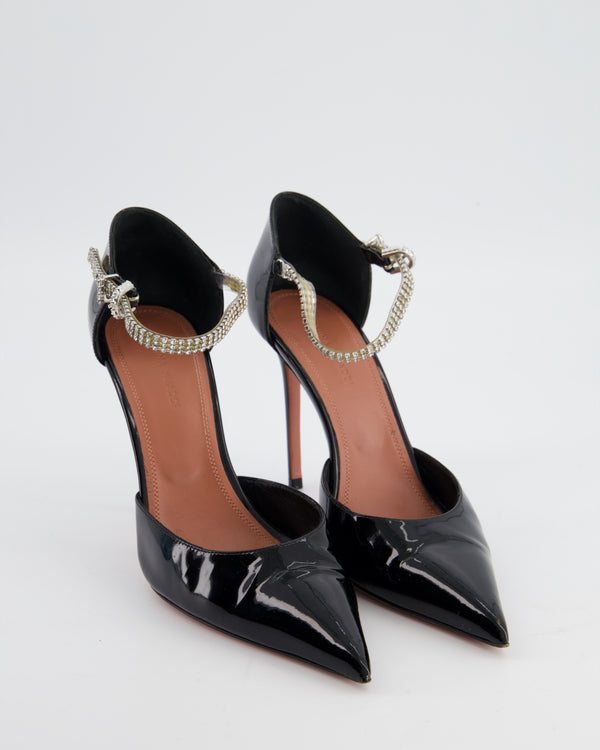 Amina Muaddi Black Patent Leather Pointed Toe Heels with Crystal Strap Detail Size EU 38