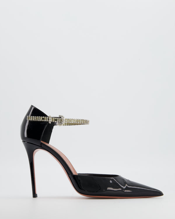 Amina Muaddi Black Patent Leather Pointed Toe Heels with Crystal Strap Detail Size EU 38
