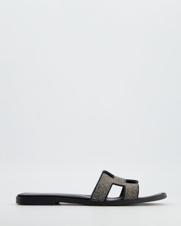 Hermès Black Oran Sandals Poudre de Cristal in Leather with glitter Details Size EU 38.5