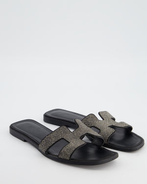 Hermès Black Oran Sandals Poudre de Cristal in Leather with glitter Details Size EU 38.5