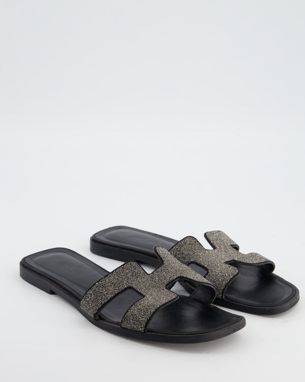 Hermès Black Oran Sandals Poudre de Cristal in Leather with glitter Details Size EU 38.5