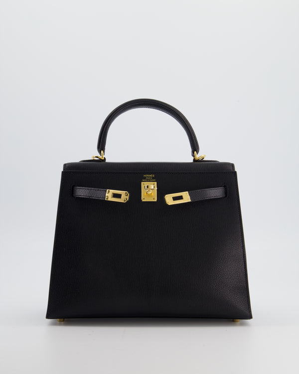*SUPER RARE* Hermès Kelly 25 Sellier Bag in Noir Chèvre Chamkila Leather with Gold Hardware