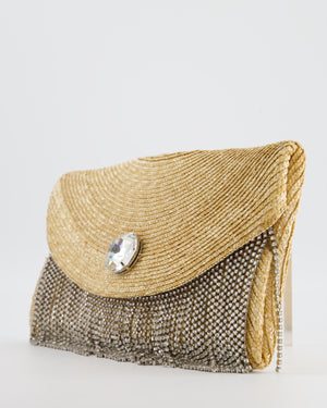 Miu Miu Beige Raffia Clutch Bag with Crystal Tassel Detail