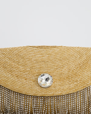 Miu Miu Beige Raffia Clutch Bag with Crystal Tassel Detail