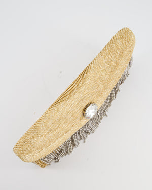 Miu Miu Beige Raffia Clutch Bag with Crystal Tassel Detail