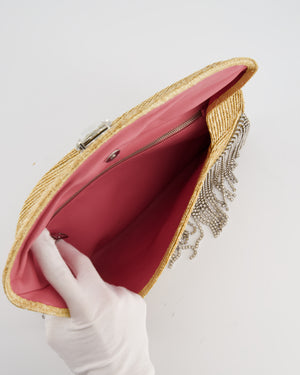 Miu Miu Beige Raffia Clutch Bag with Crystal Tassel Detail