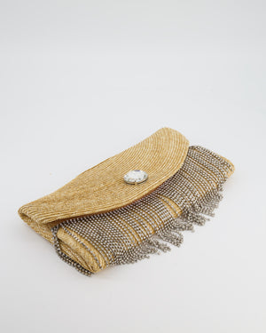 Miu Miu Beige Raffia Clutch Bag with Crystal Tassel Detail