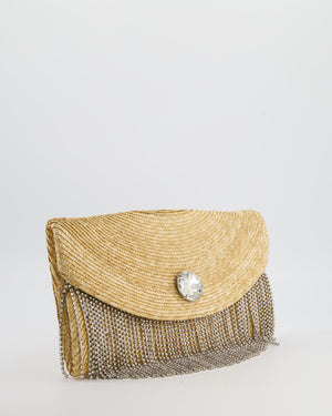 Miu Miu Beige Raffia Clutch Bag with Crystal Tassel Detail
