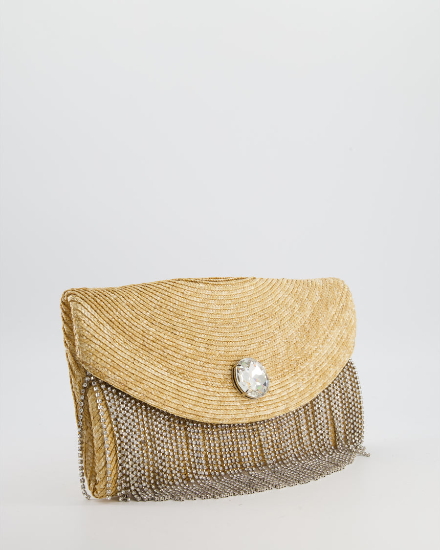 Miu Miu Beige Raffia Clutch Bag with Crystal Tassel Detail