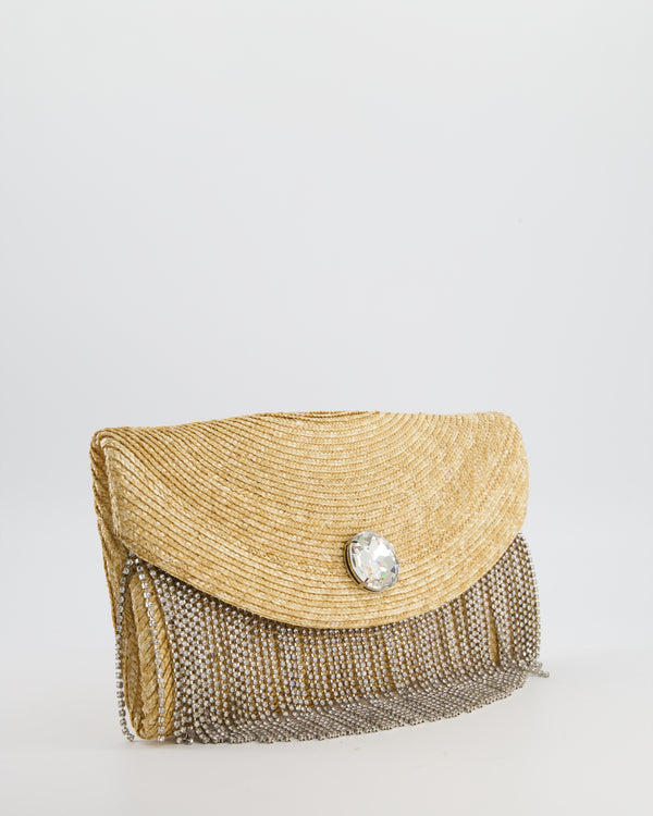 Miu Miu Beige Raffia Clutch Bag with Crystal Tassel Detail