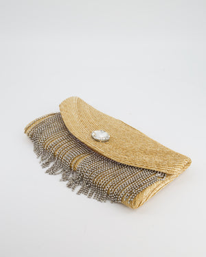 Miu Miu Beige Raffia Clutch Bag with Crystal Tassel Detail