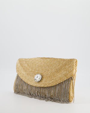Miu Miu Beige Raffia Clutch Bag with Crystal Tassel Detail