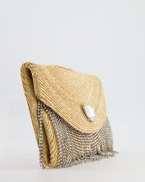 Miu Miu Beige Raffia Clutch Bag with Crystal Tassel Detail