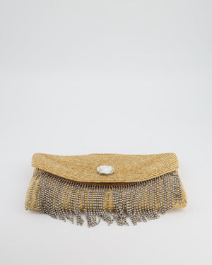 Miu Miu Beige Raffia Clutch Bag with Crystal Tassel Detail