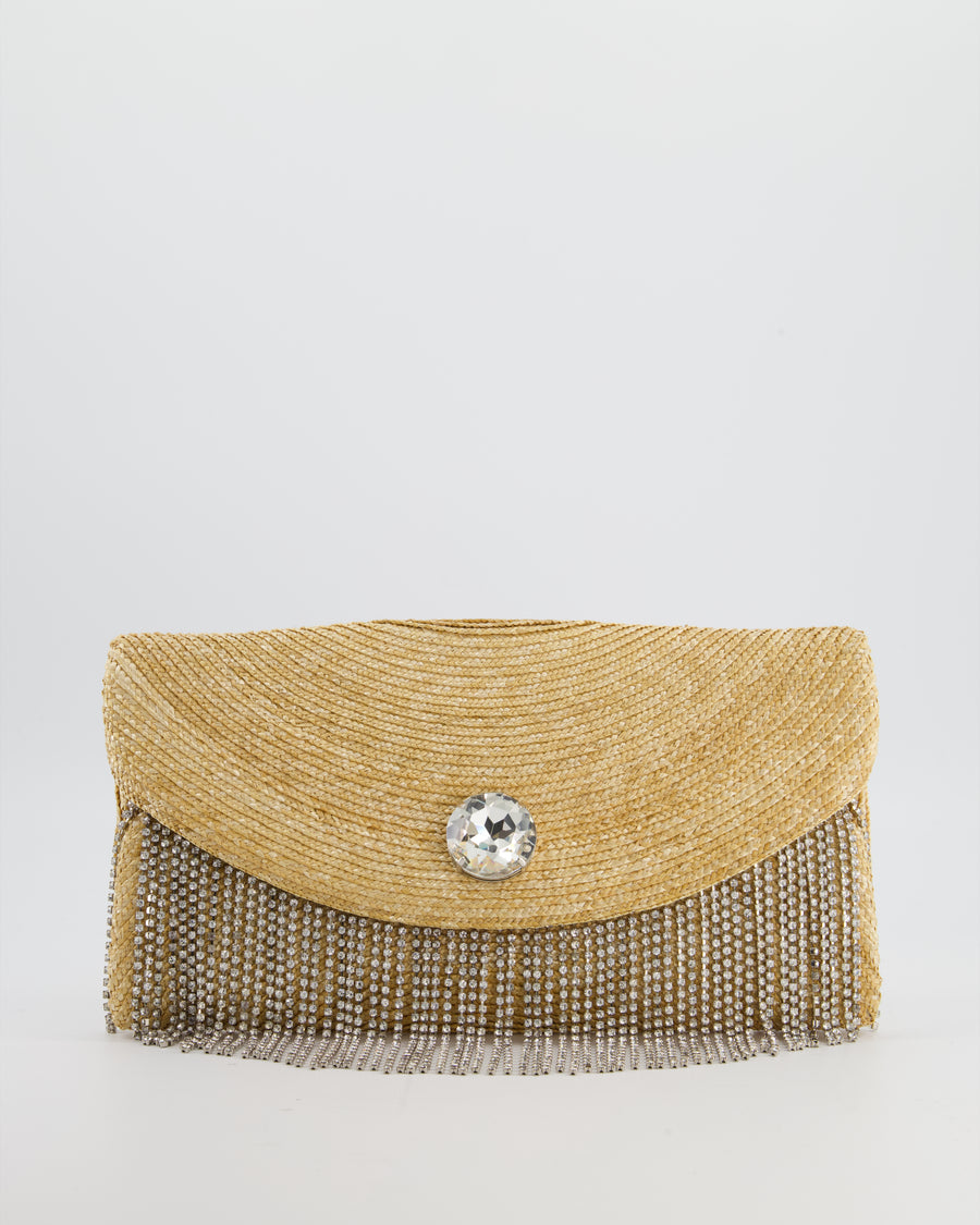 Miu Miu Beige Raffia Clutch Bag with Crystal Tassel Detail