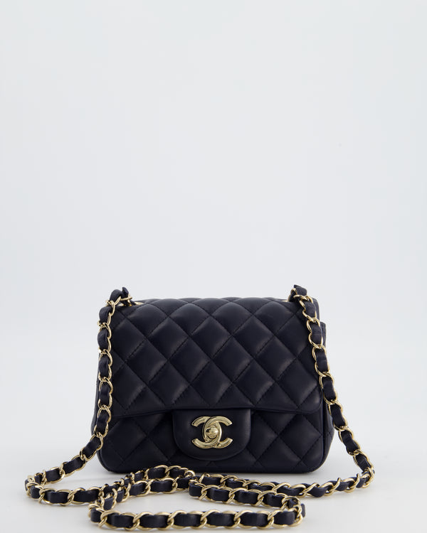 Chanel Navy Mini Square Classic Flap Bag in Lambskin Leather with Champagne Gold Hardware
