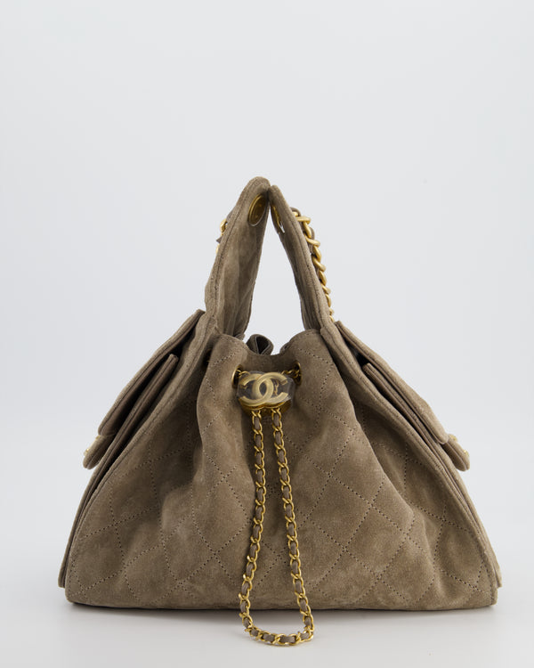 *RARE* Chanel Suede Taupe Small 25 Handbag with Antique Gold Hardware