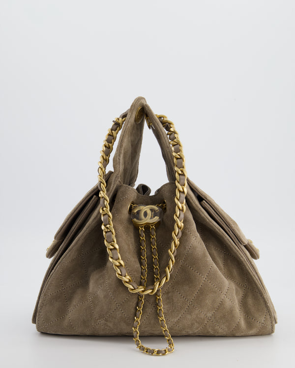 *RARE* Chanel Suede Taupe Small 25 Handbag with Antique Gold Hardware
